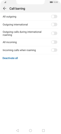 Press the indicator next to the required barring type to turn the function on or off.