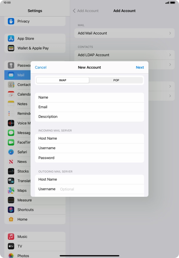Press Username and key in the username for your email account. Please note that if you're using Vodafone's outgoing server, leave the username field empty.