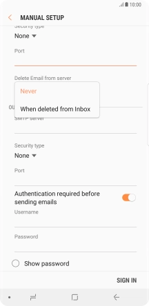 Press Never to keep email messages on the server when you delete them on your phone.