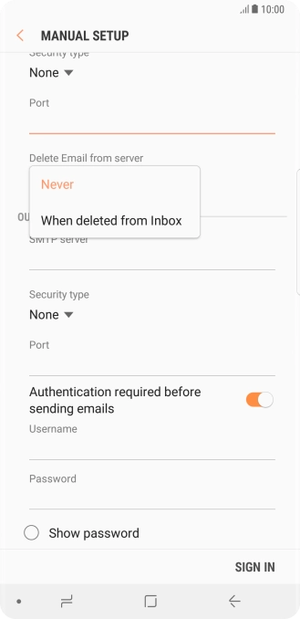 Press Never to keep email messages on the server when you delete them on your phone.