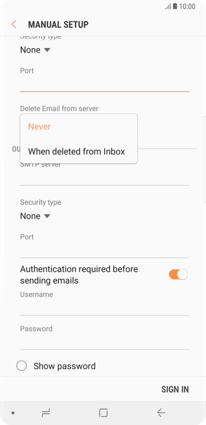 Press Never to keep email messages on the server when you delete them on your phone.