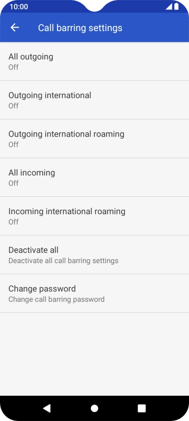 Press the required barring type to turn the function on or off.