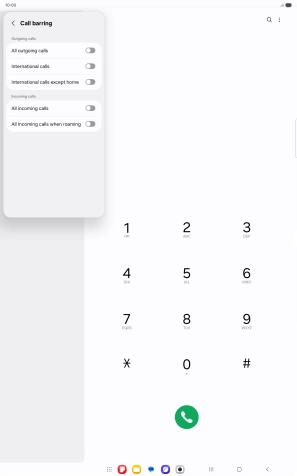 Press the indicator next to the required barring type to turn the function on or off.