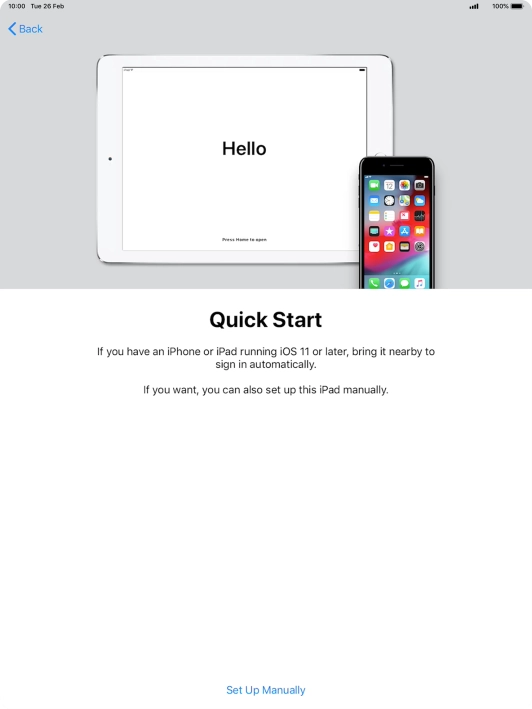 Follow the instructions on the screen to transfer content from another device running iOS 11 or later or press Set Up Manually.
