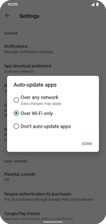 To turn on automatic update of apps using mobile network, press Over any network.