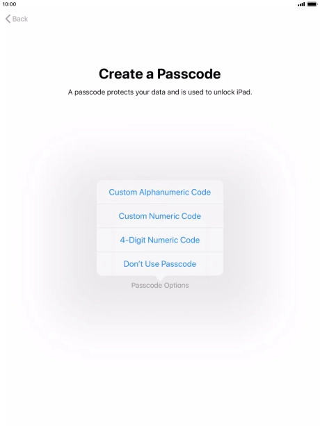 Follow the instructions on the screen to turn on use of lock code or press Don't Use Passcode.