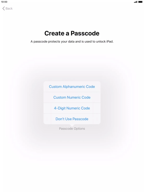 Follow the instructions on the screen to turn on use of lock code or press Don't Use Passcode.