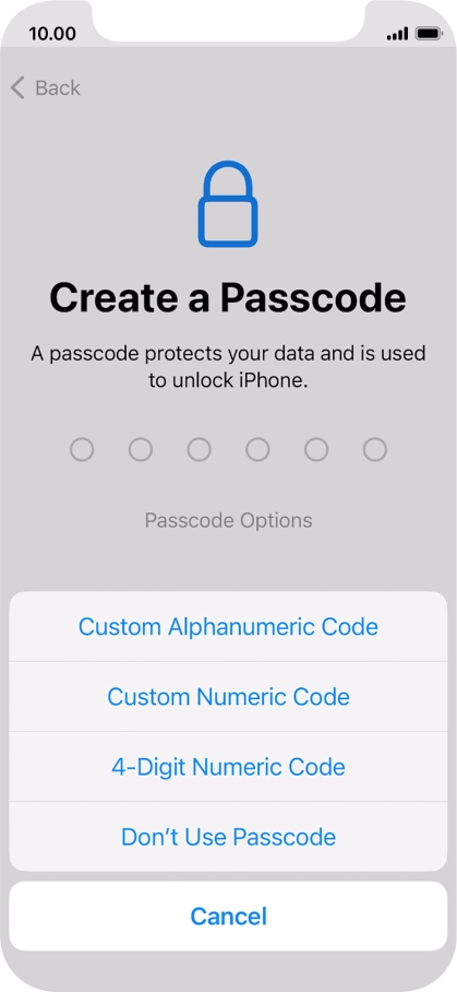 Follow the instructions on the screen to turn on use of phone lock code or press Don't Use Passcode.