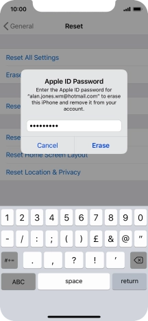 Key in the password for your Apple ID and press Erase. Wait a moment while the factory default settings are restored. Follow the instructions on the screen to set up your phone and prepare it for use.