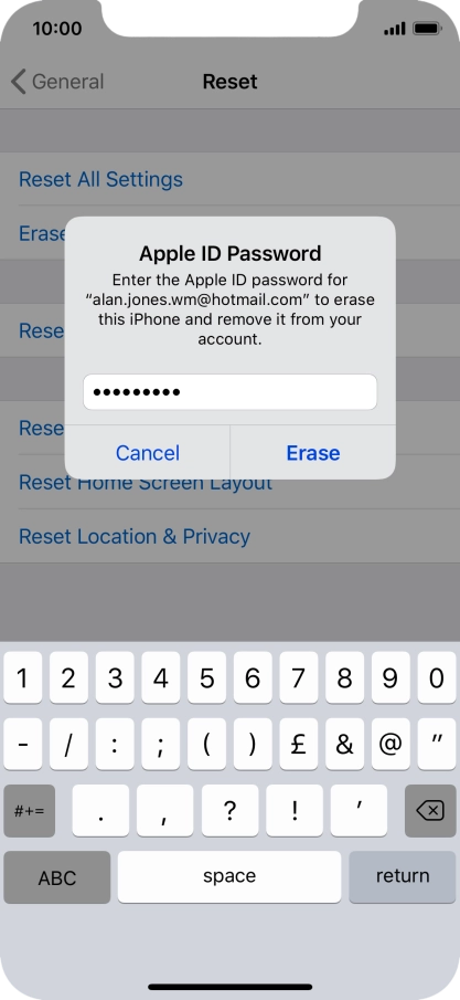 Key in the password for your Apple ID and press Erase. Wait a moment while the factory default settings are restored. Follow the instructions on the screen to set up your phone and prepare it for use.