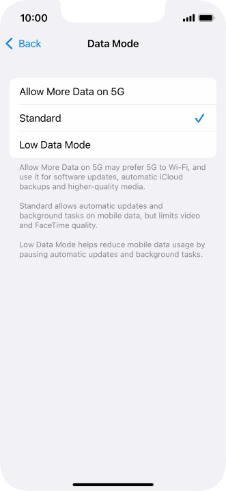 Press the required setting.
