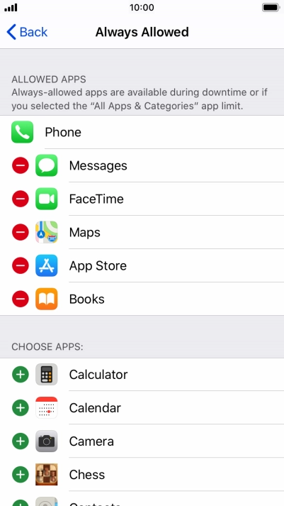 Press the remove icon next to the required app to remove it from the list of allowed apps during Downtime.