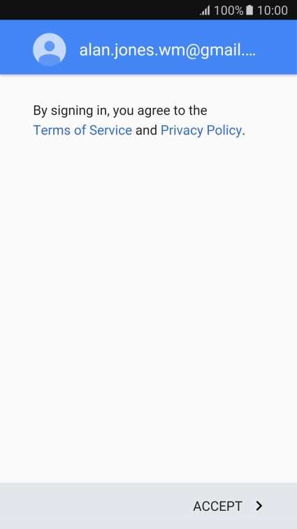Press ACCEPT and follow the instructions on the screen to select settings for your Google account.