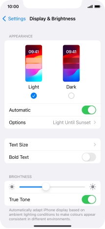 If you turn on the function, press Options and follow the instructions on the screen to select the required period of time for Dark Mode.