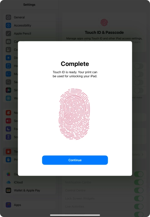 Press Continue. If you haven't previously selected a lock code, key in a code of your own choice twice.
