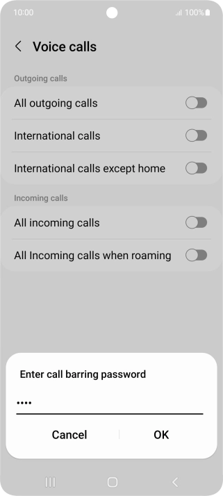Key in your barring password and press OK. The default barring password is 0000.