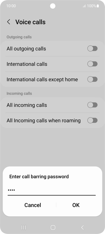 Key in your barring password and press OK. The default barring password is 0000.
