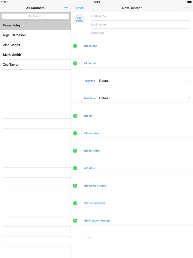 Press First name and key in the first name.