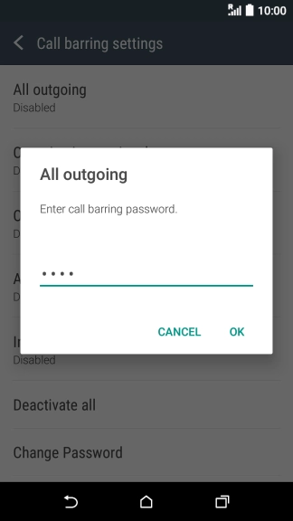 Key in your barring password and press OK. The default barring password is 0000.
