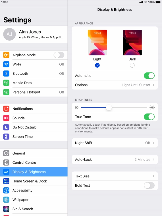 If you turn on the function, press Options and follow the instructions on the screen to select the required period of time for Dark Mode.
