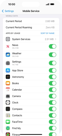 The data usage for each application is displayed below the name of the application.