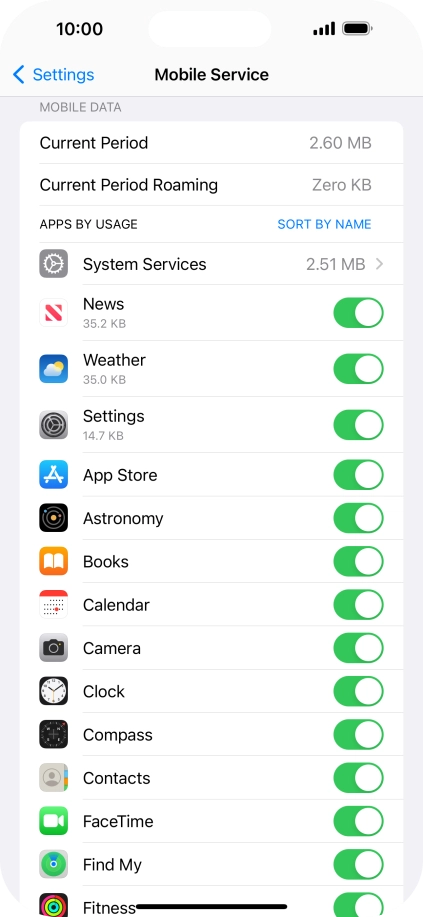 The data usage for each application is displayed below the name of the application.