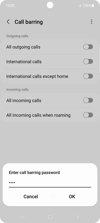 Key in your barring password and press OK. The default barring password is 0000.