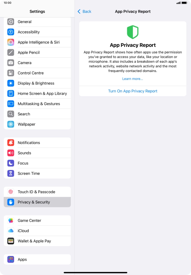 Press Turn On App Privacy Report to turn on the function.