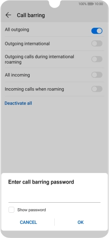 Key in your barring password and press OK. The default barring password is 0000.