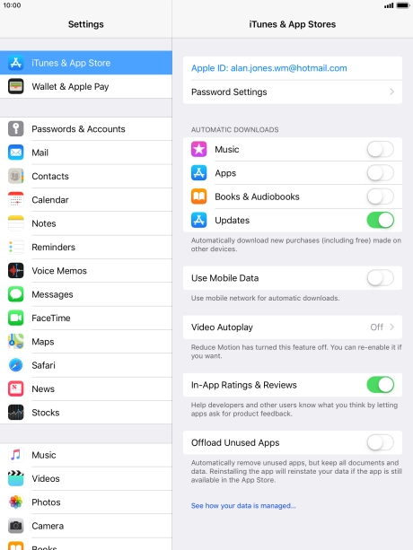 Press the indicator next to the required content type to turn the function on or off.