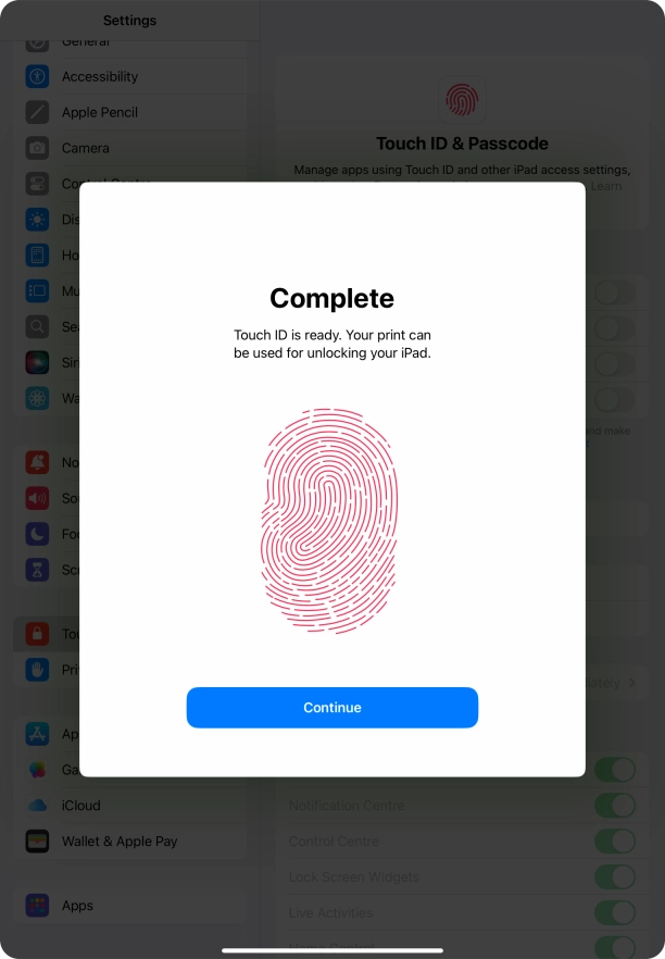 Press Continue. If you haven't previously selected a lock code, key in a code of your own choice twice.