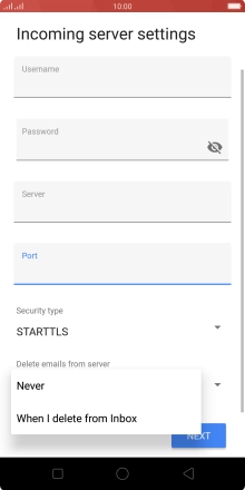 Press Never to keep email messages on the server when you delete them on your phone.