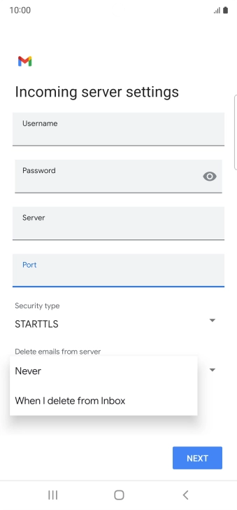 Press Never to keep email messages on the server when you delete them on your phone.