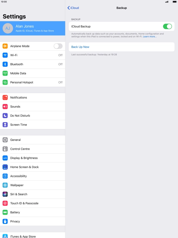Press Back Up Now and wait while the tablet memory is backed up.