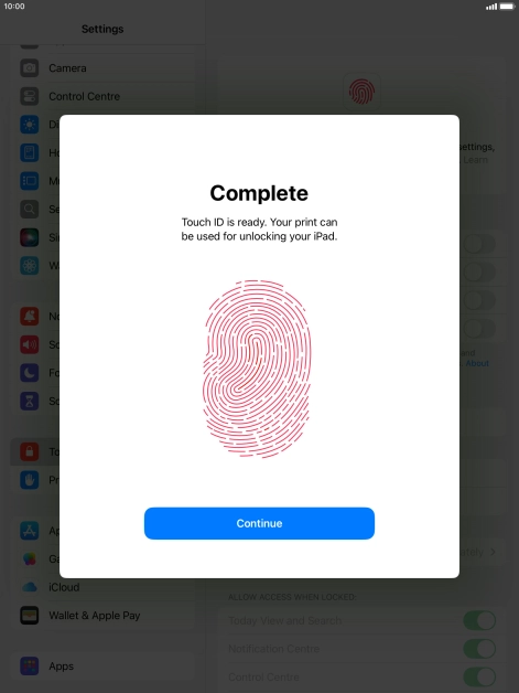 Press Continue. If you haven't previously selected a lock code, key in a code of your own choice twice.