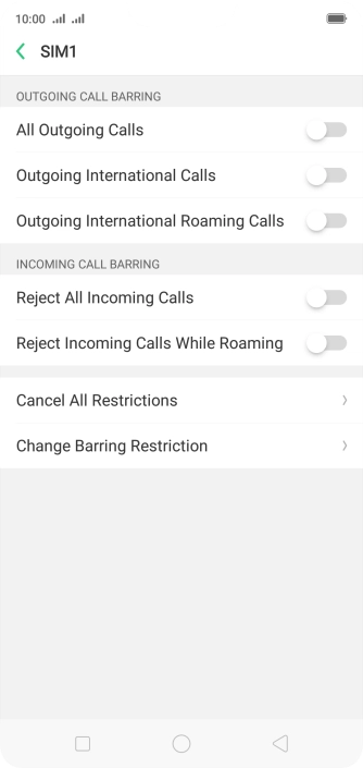 Press the field next to the required barring type to turn the function on or off.