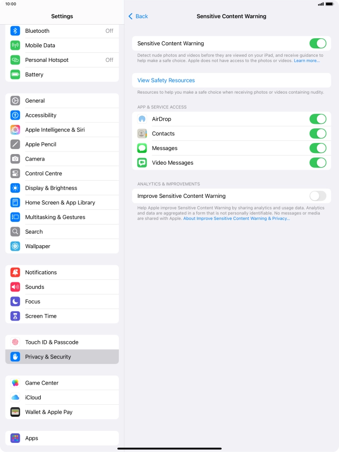 Press the indicators next to the required applications to turn the function on or off.