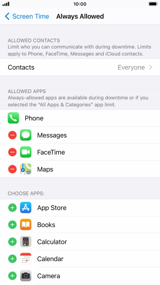 Press the add icon next to the required app to add it to the list of allowed apps during Downtime.