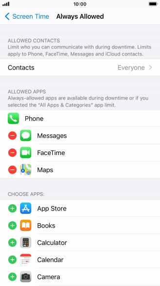 Press the add icon next to the required app to add it to the list of allowed apps during Downtime.