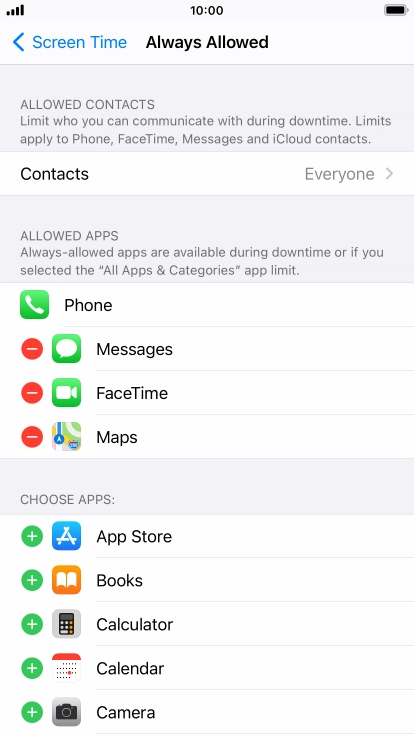 Press the add icon next to the required app to add it to the list of allowed apps during Downtime.
