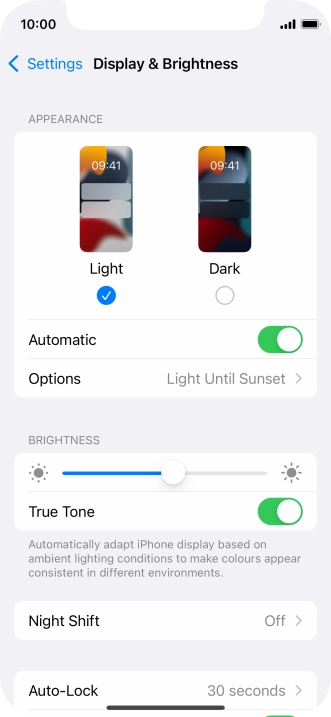 If you turn on the function, press Options and follow the instructions on the screen to select the required period of time for Dark Mode.