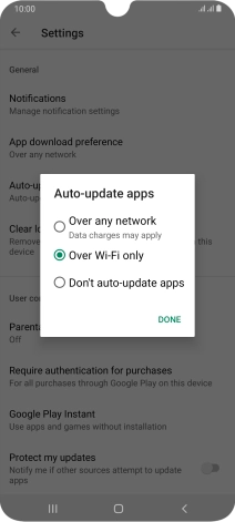 To turn on automatic update of apps using mobile network, press Over any network.
