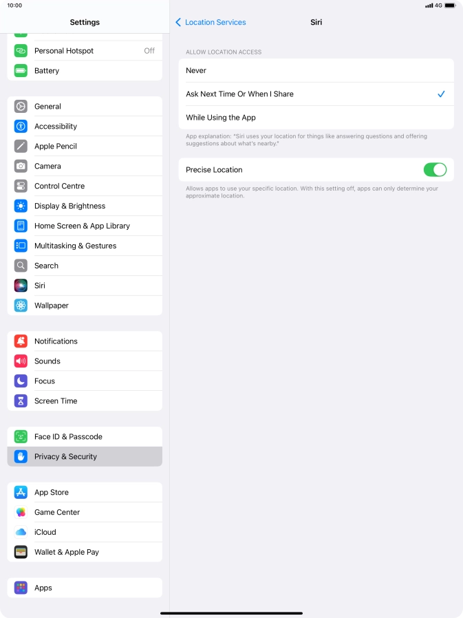 Press the required setting to turn the function on or off.