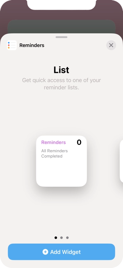 Slide your finger right or left on the screen to select the required widget size.