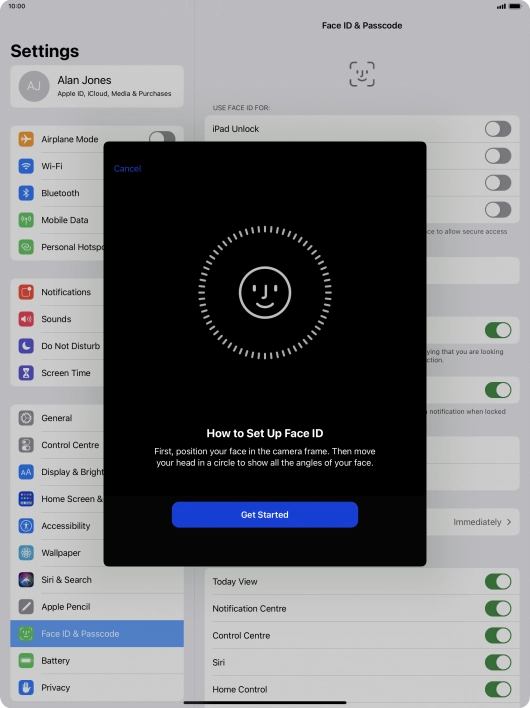 Press Get Started and follow the instructions on the screen to set up Face ID.