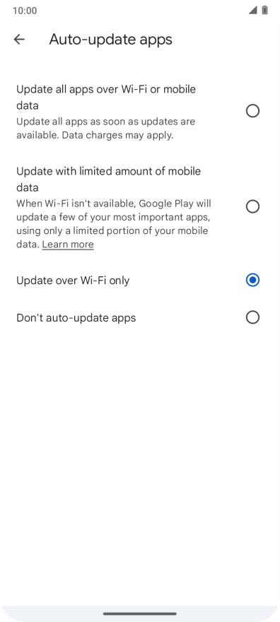To turn on automatic update of apps using mobile network, press Update all apps over Wi-Fi or mobile data.