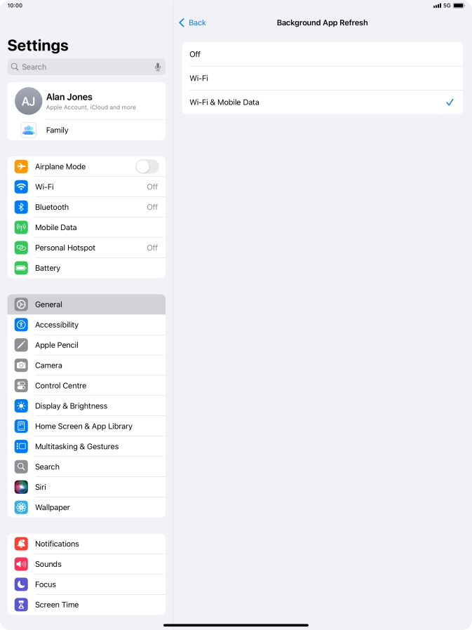 To turn off background refresh of apps, press Off.