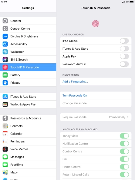 Press Turn Passcode On and key in a lock code of your own choice twice.