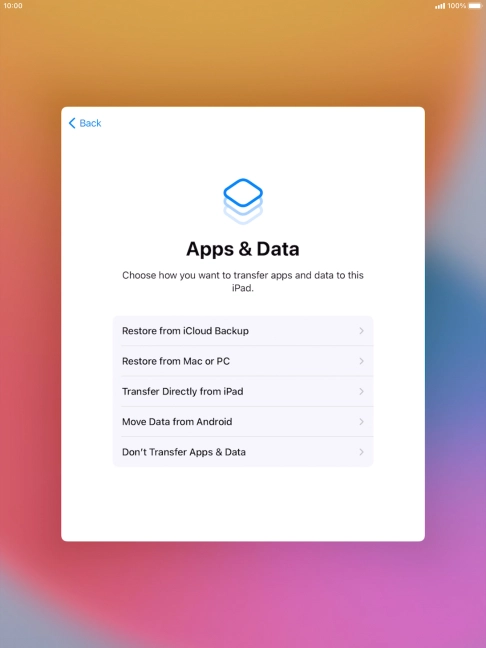 You can restore content from an iCloud backup when your tablet is activated for the first time and after a factory reset. When this screen is displayed, your tablet is ready to restore content from an iCloud backup.