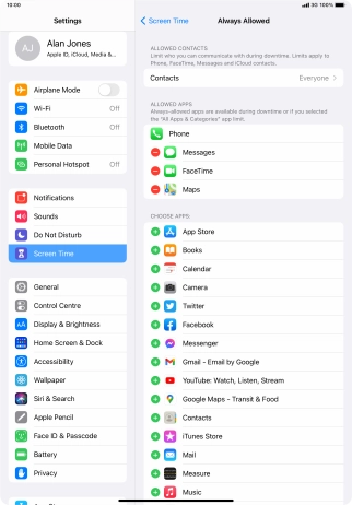 Press the add icon next to the required app to add it to the list of allowed apps during Downtime.